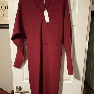 Bluivy Red Long Sleeve V-Neck Sweater Dress